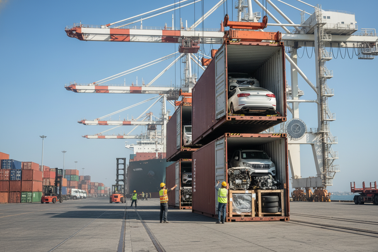 Car container unloading at the port of arrival
