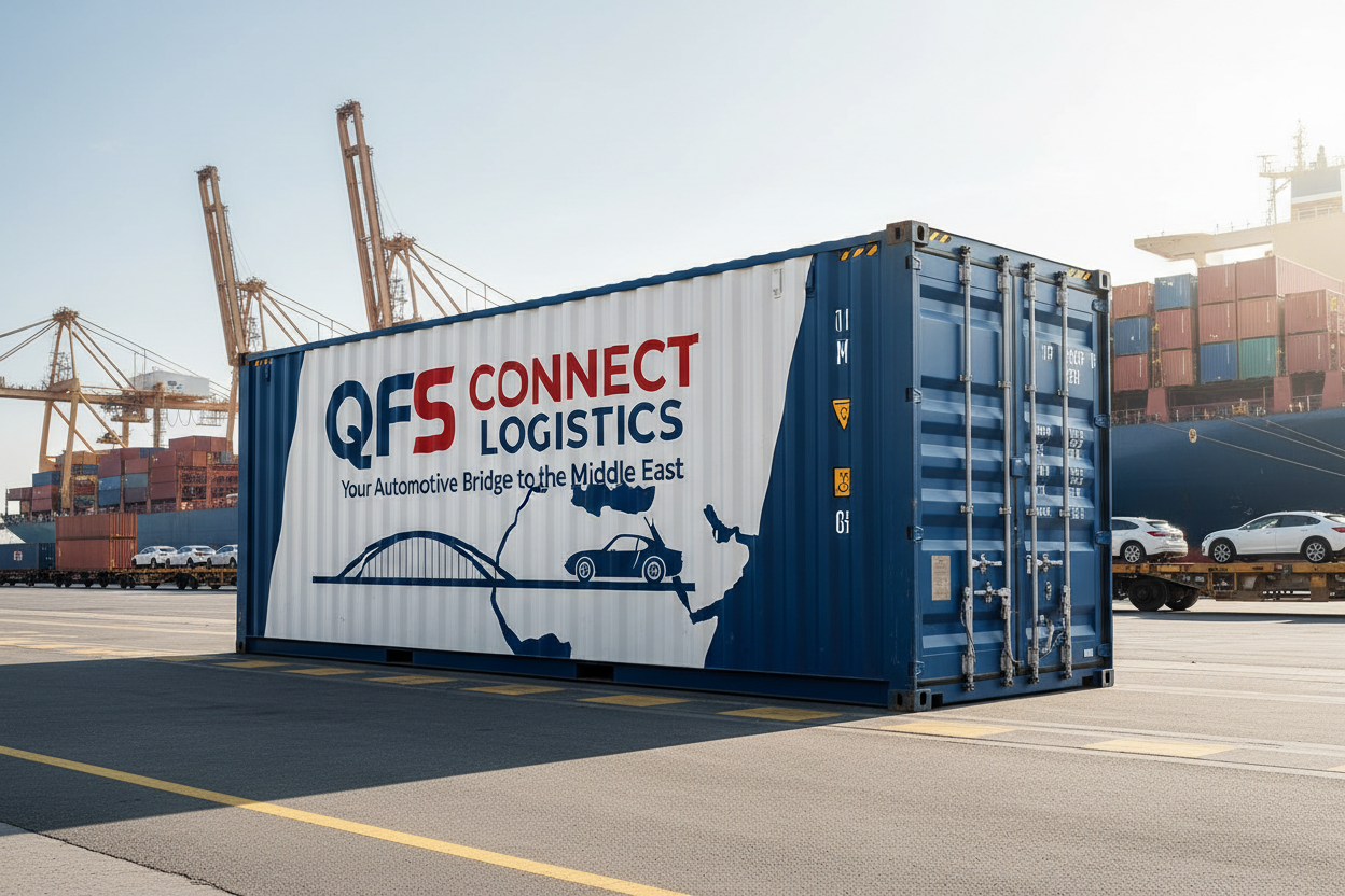 "QFS CONNECT LOGISTICS 
Your Automotive Bridge to the Middlest" ship contanier 
